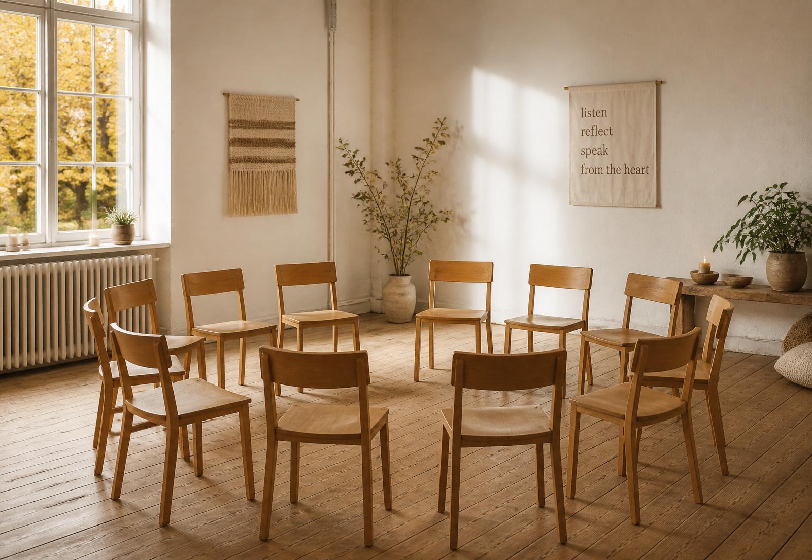 Círculo de sillas de madera en una sala luminosa